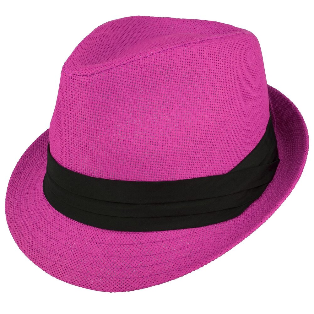 1941 Summer Fedora Panama Straw Hats with Black Band M215-Pink-S/M